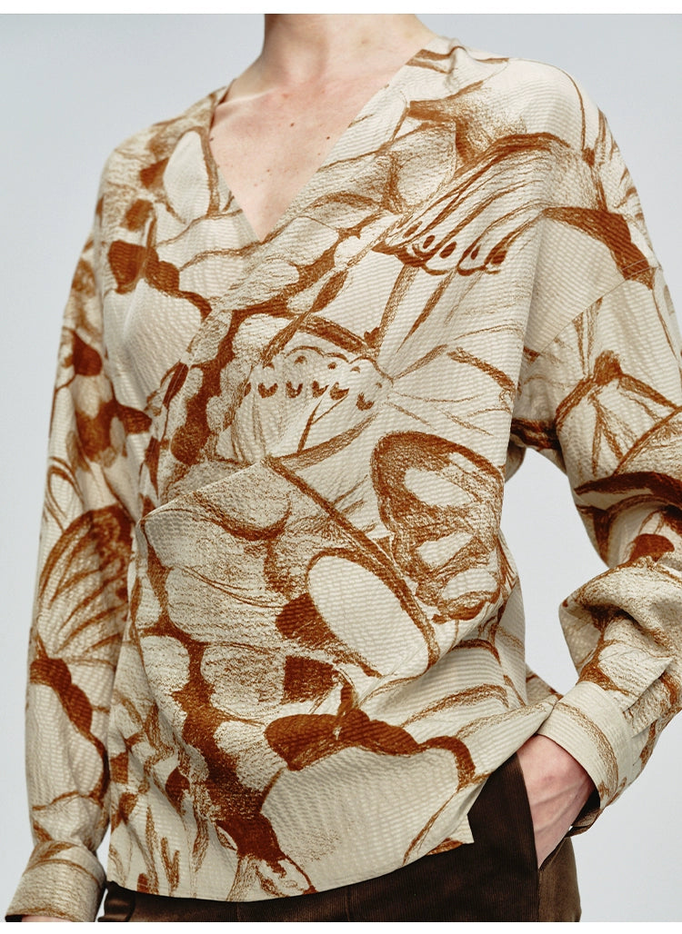 Lace-up Butterfly Print Long Sleeve Blouse