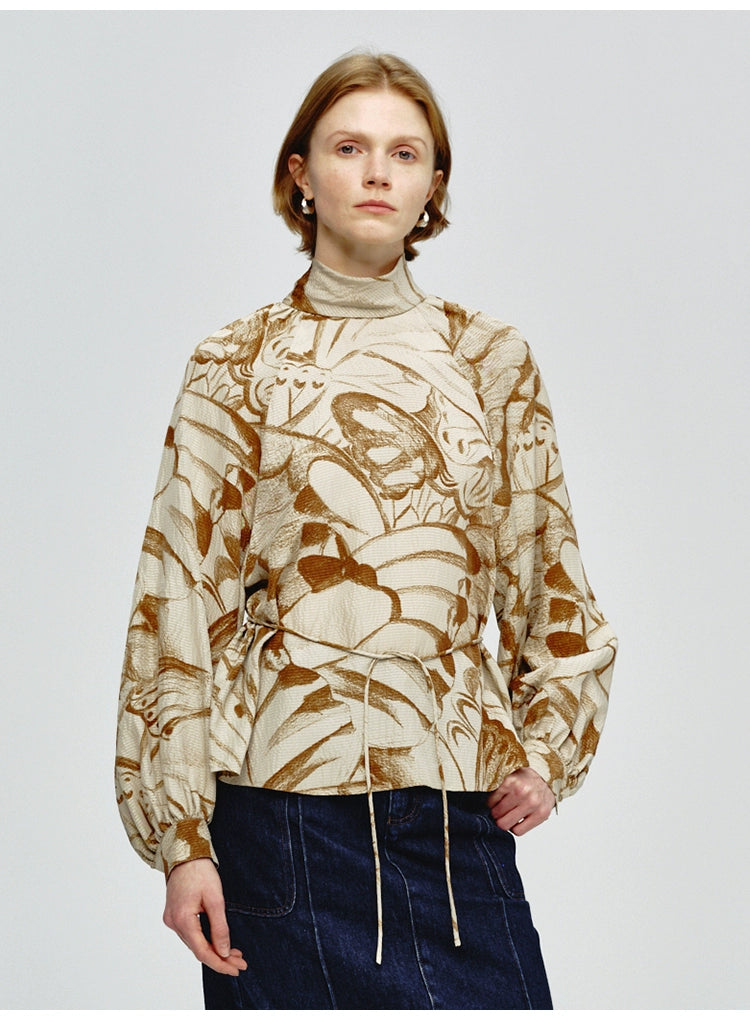 Turtleneck Butterfly Print Loose Top