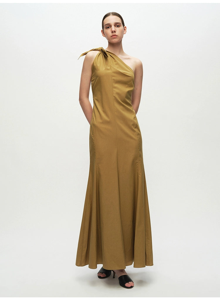 Solid One Shoulder Tie Maxi Dress