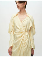 Yellow V Neck Long sleeve Wrap Dress