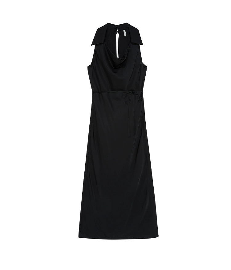 Black Swing Neck Sleeveless Lace-up Dress
