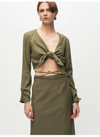 Army Green Tied Knot Long-sleeved Top