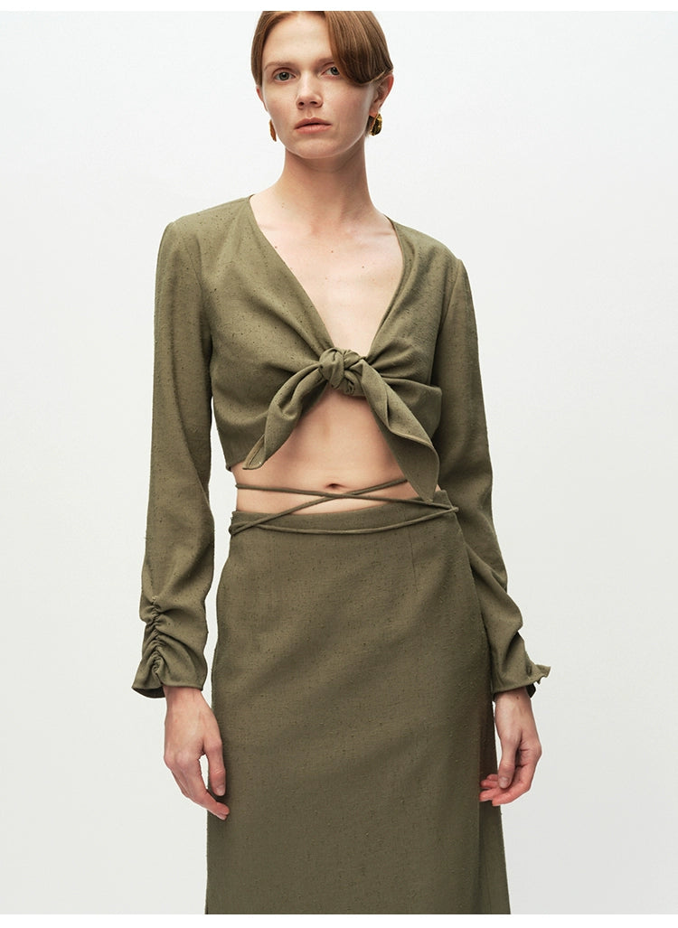 Army Green Tied Knot Long-sleeved Top