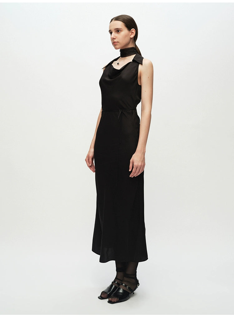 Black Swing Neck Sleeveless Lace-up Dress