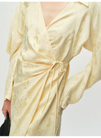 Yellow V Neck Long sleeve Wrap Dress