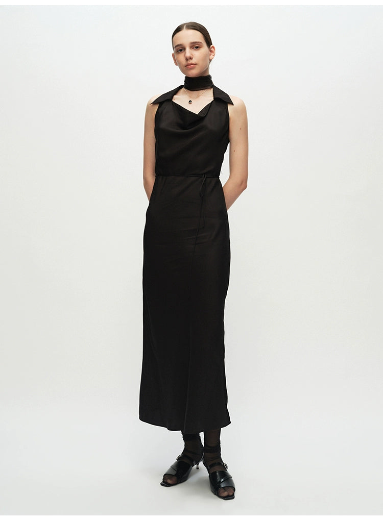 Black Swing Neck Sleeveless Lace-up Dress