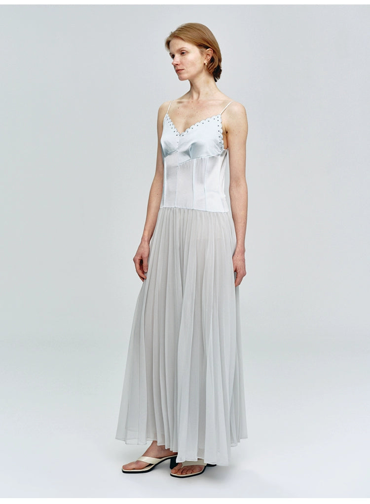 Sky Blue Pleated V Neck Maxi Dress