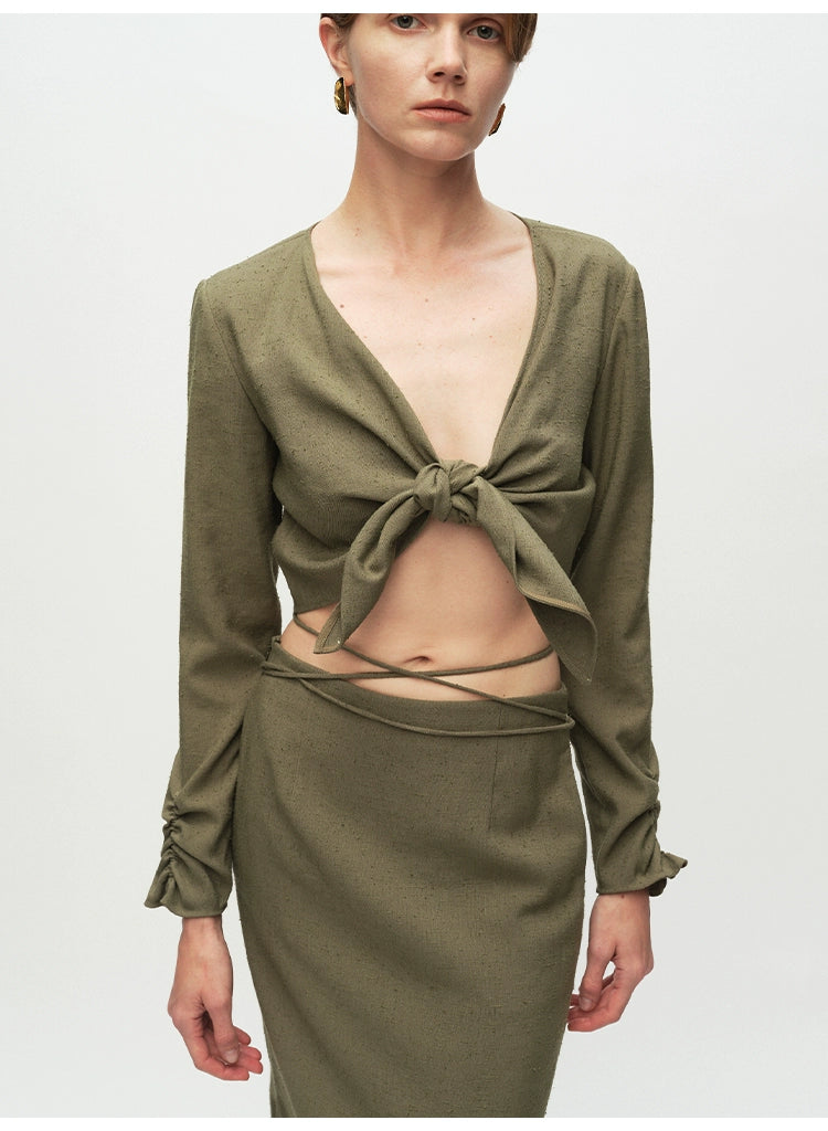 Army Green Tied Knot Long-sleeved Top