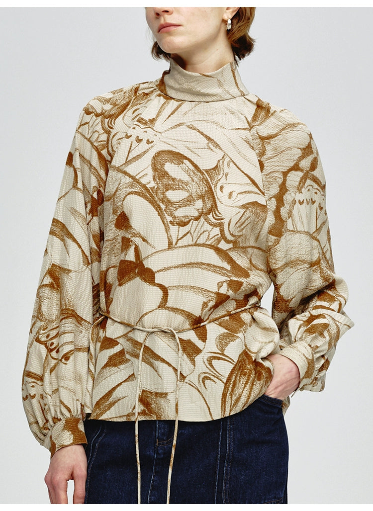 Turtleneck Butterfly Print Loose Top