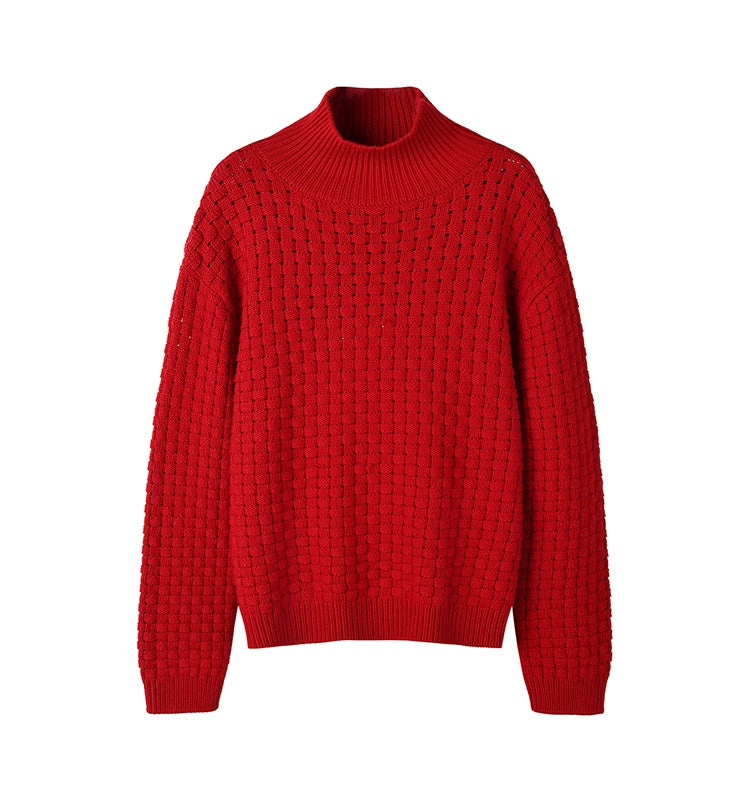 Red Plaid Woven Semi-turtleneck Pullover