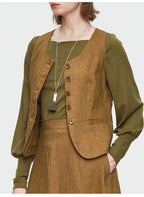 Solid Button Front Slim-fit Short Vest Top