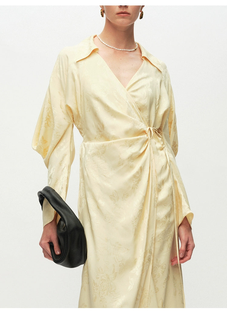 Yellow V Neck Long sleeve Wrap Dress