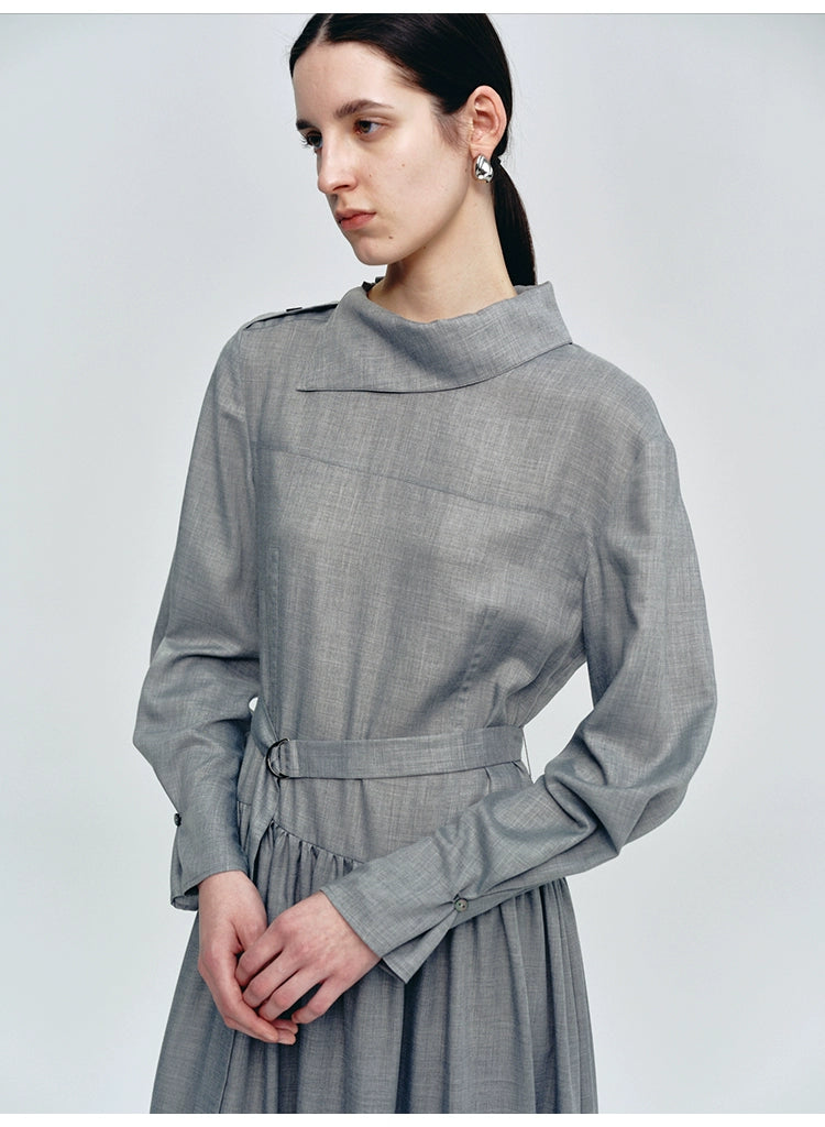 Gray Lapel Collar Lace-up Dress