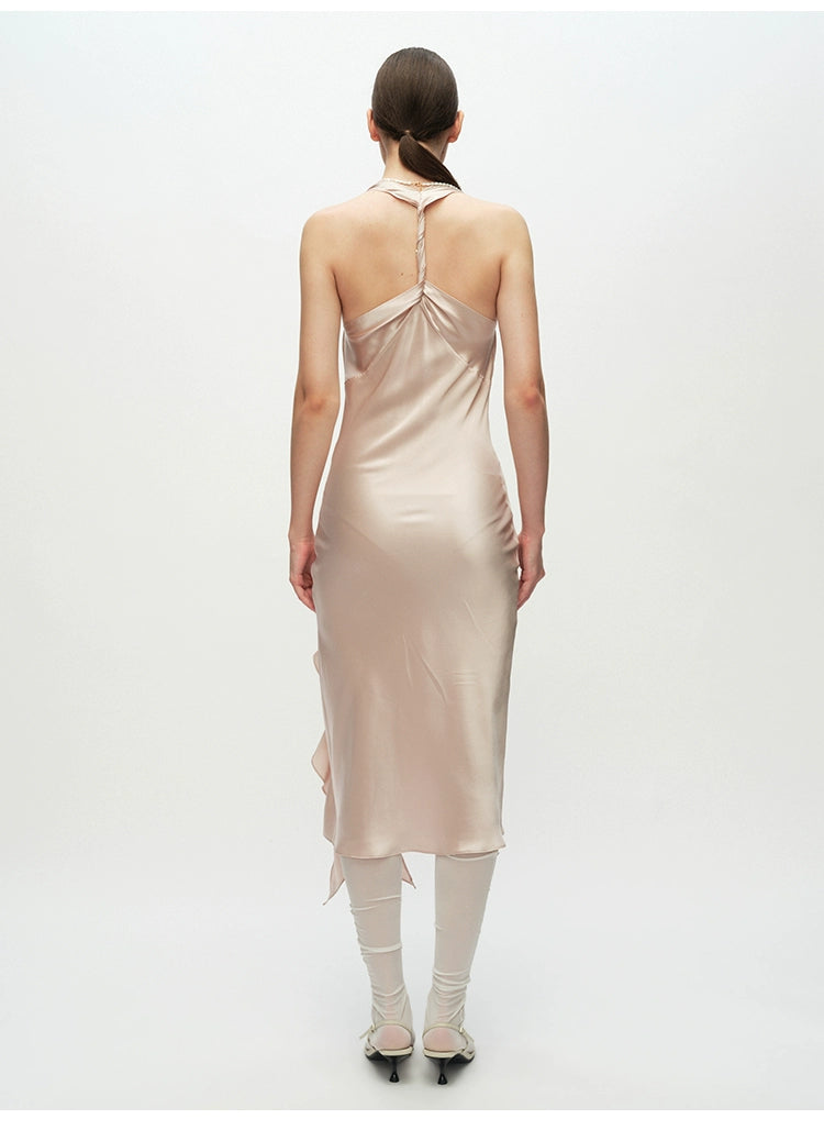 Pink Ruffled Slit Midi Dress