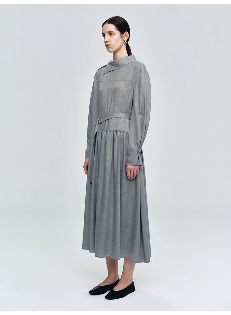 Gray Lapel Collar Lace-up Dress