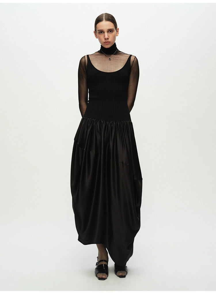 Ribbed Patchwork Silk Sleeveless Dress
