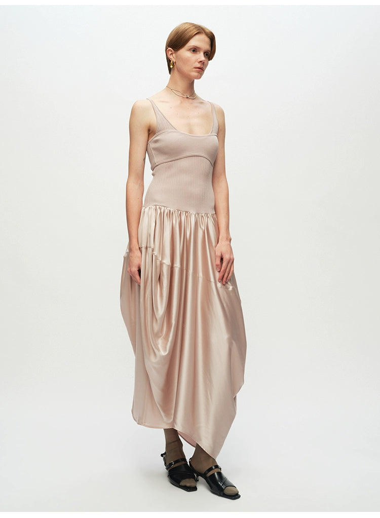 Ribbed Patchwork Silk Sleeveless Dress