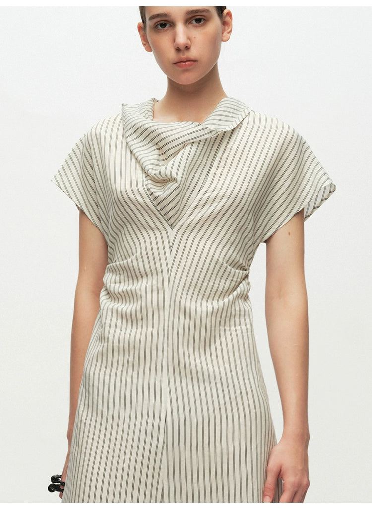 Striped Swing Neck Pleated Dress
