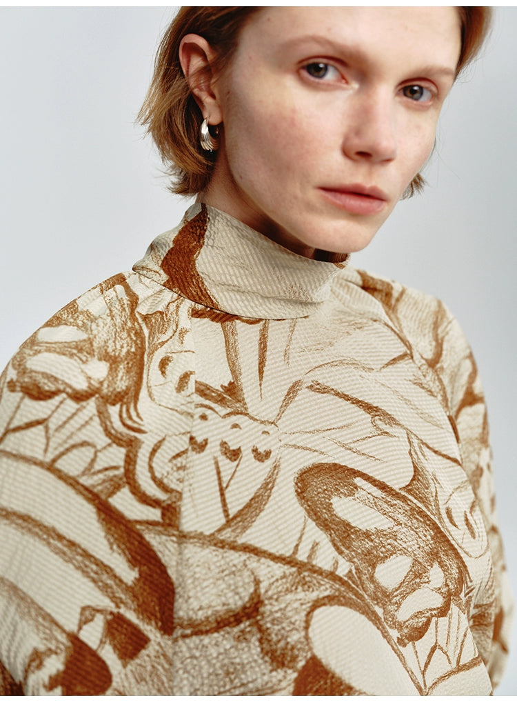 Turtleneck Butterfly Print Loose Top