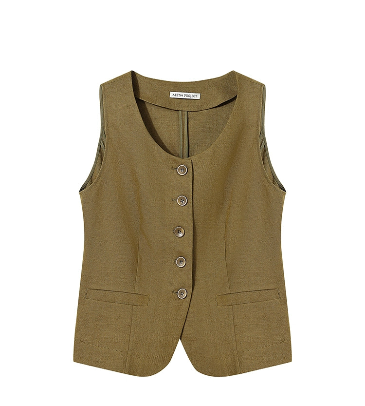Solid Button Front Slim-fit Short Vest Top