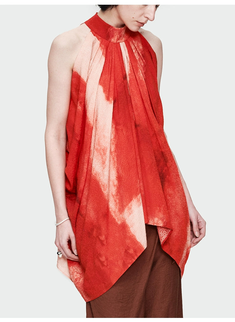 Red Print Halter Pleated Top