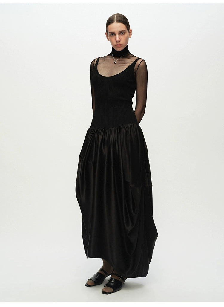 Ribbed Patchwork Silk Sleeveless Dress