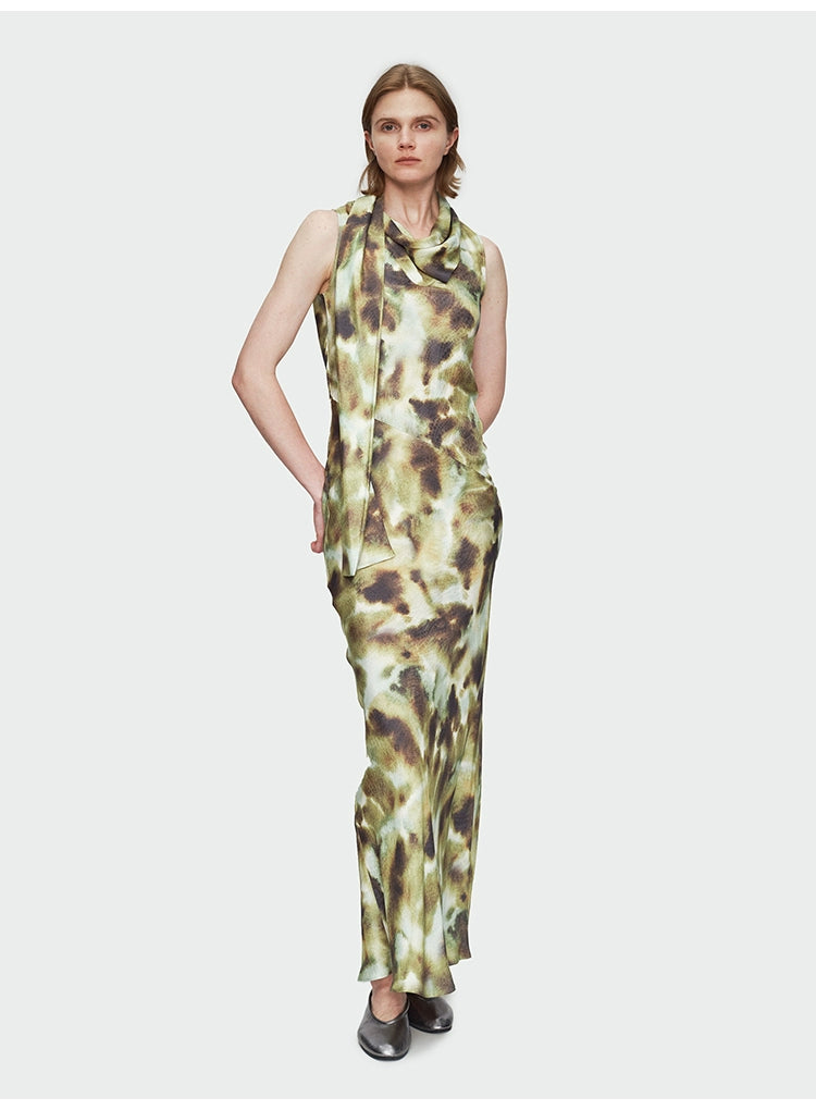 Dark Green Print Streamer Collar Dress