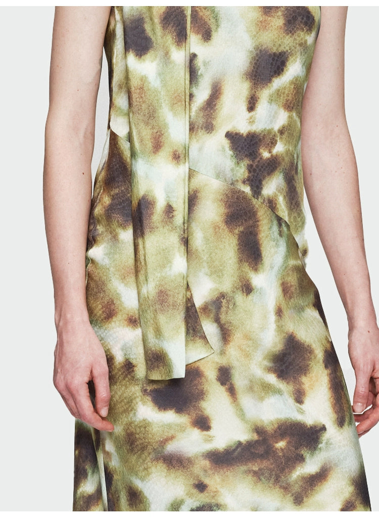 Dark Green Print Streamer Collar Dress