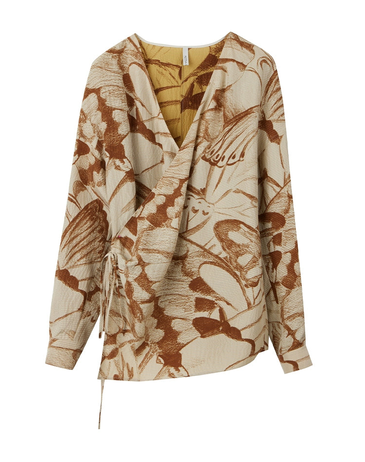Lace-up Butterfly Print Long Sleeve Blouse