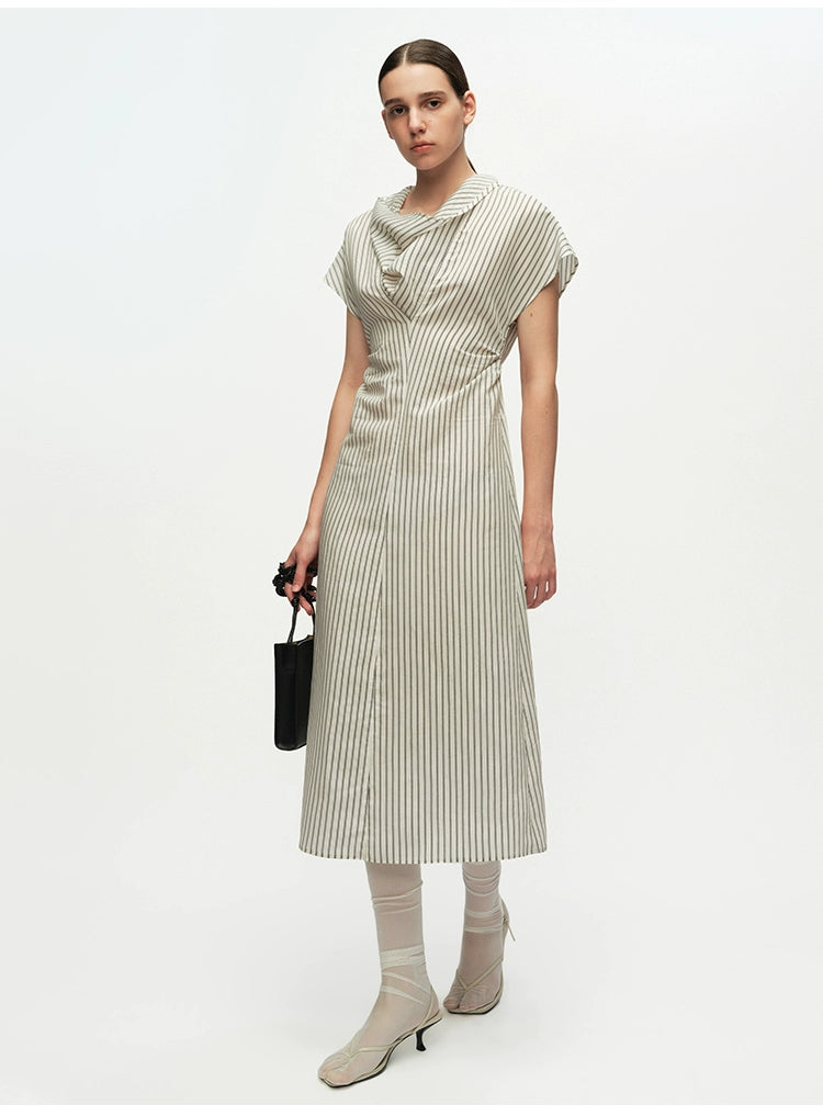 Striped Swing Neck Pleated Dress