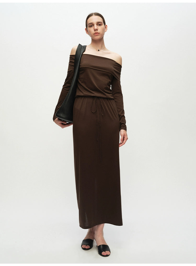 Off Shoulder Long-sleeved Knitted Dress