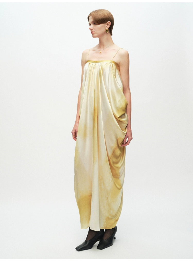 Yellow Printing Drape Suspender Dress