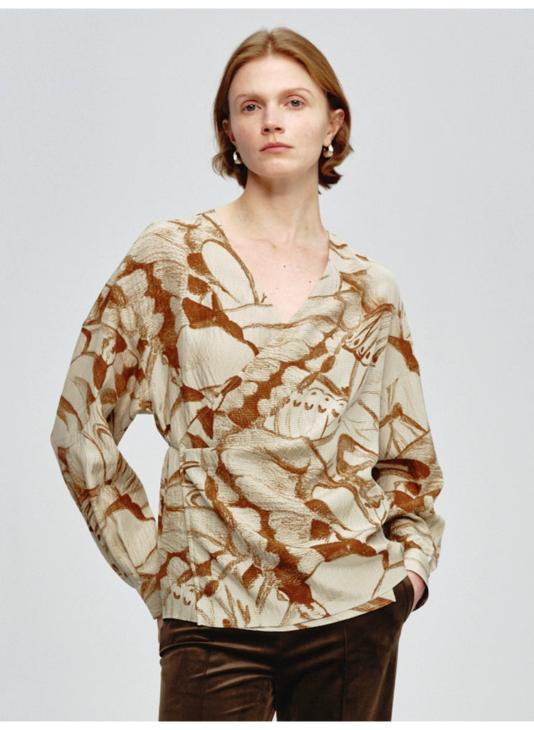 Lace-up Butterfly Print Long Sleeve Blouse