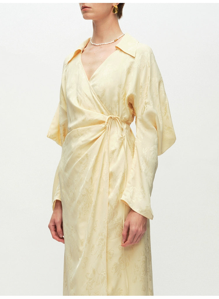 Yellow V Neck Long sleeve Wrap Dress