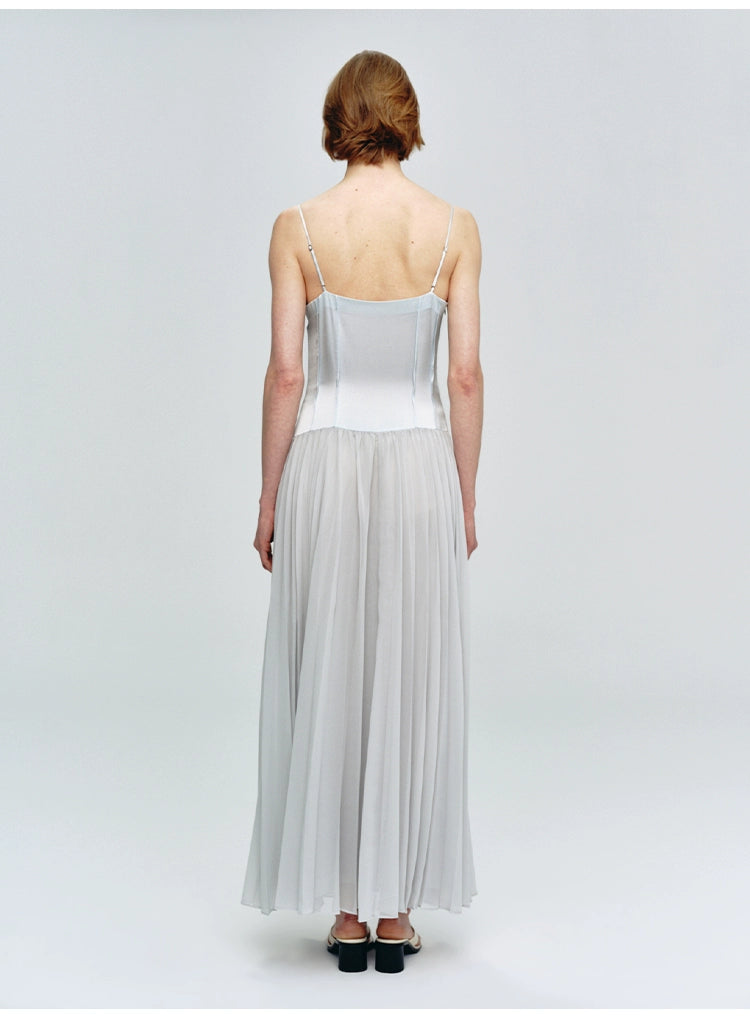 Sky Blue Pleated V Neck Maxi Dress