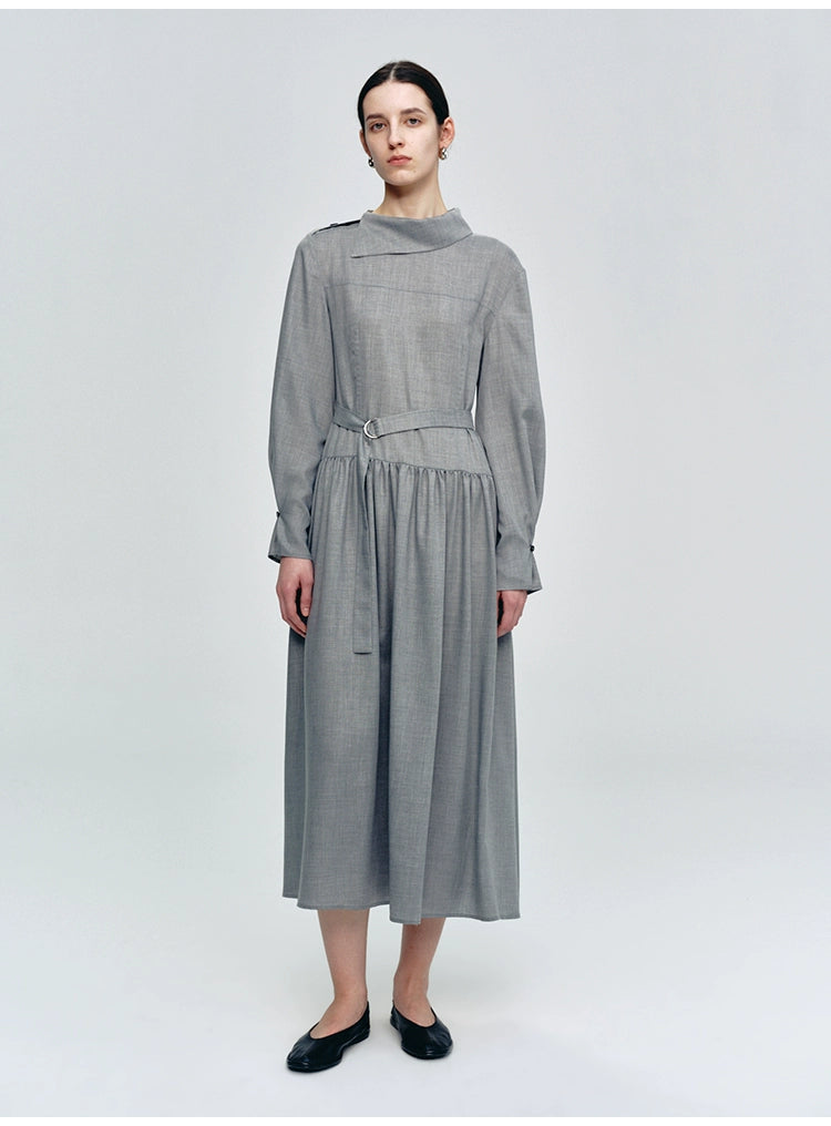 Gray Lapel Collar Lace-up Dress
