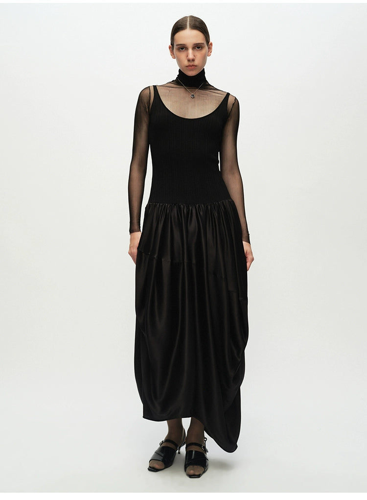 Ribbed Patchwork Silk Sleeveless Dress
