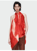 Red Print Halter Pleated Top