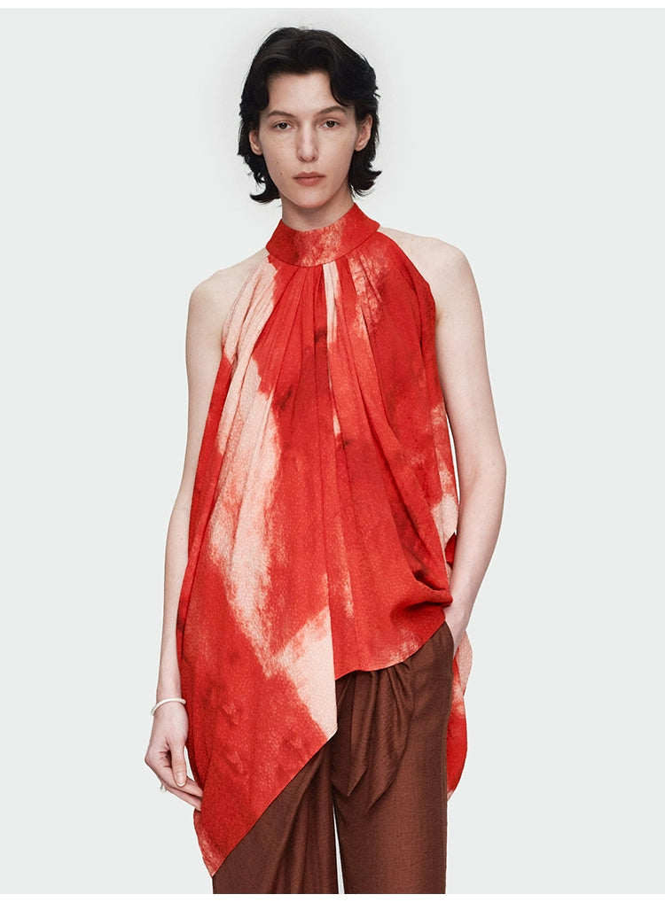 Red Print Halter Pleated Top