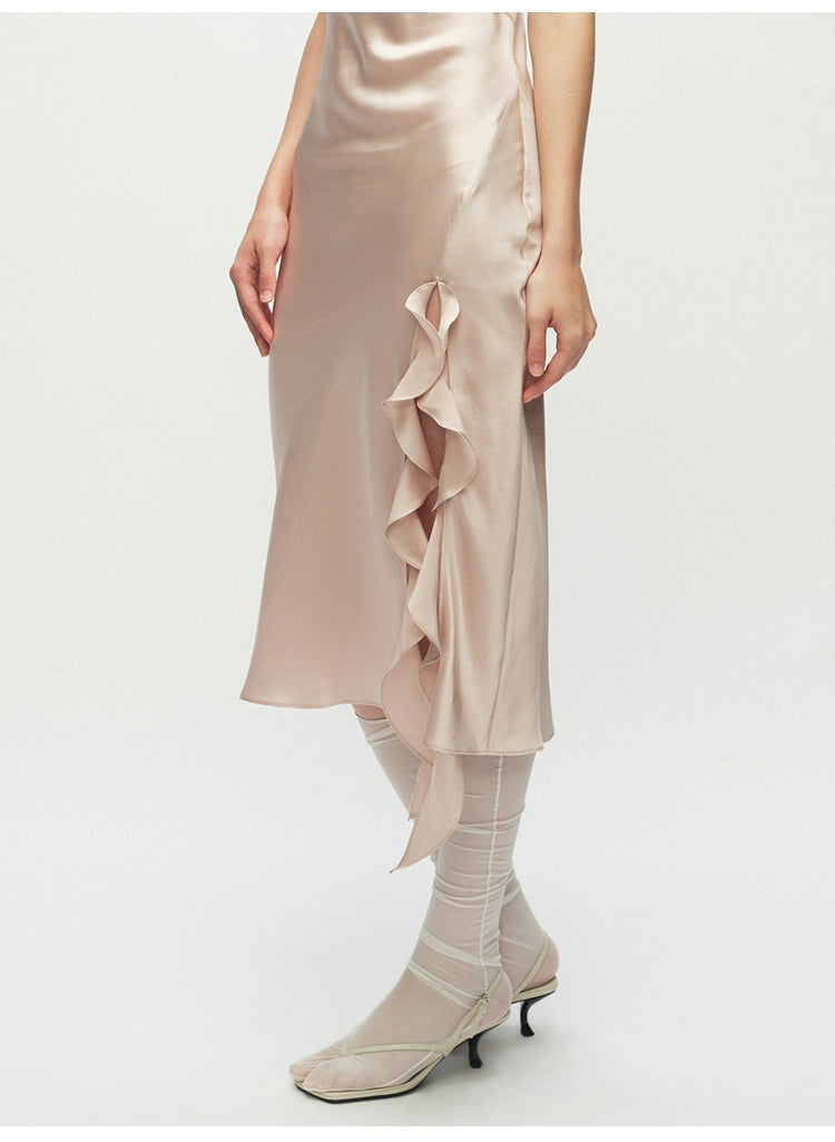 Pink Ruffled Slit Midi Dress