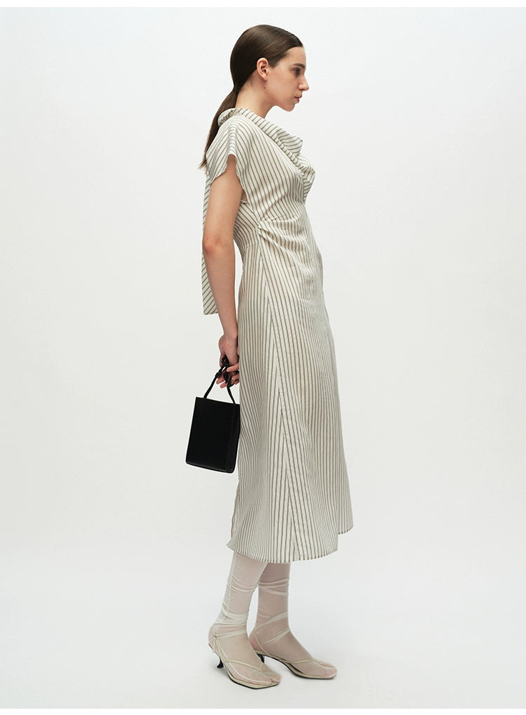 Striped Swing Neck Pleated Dress