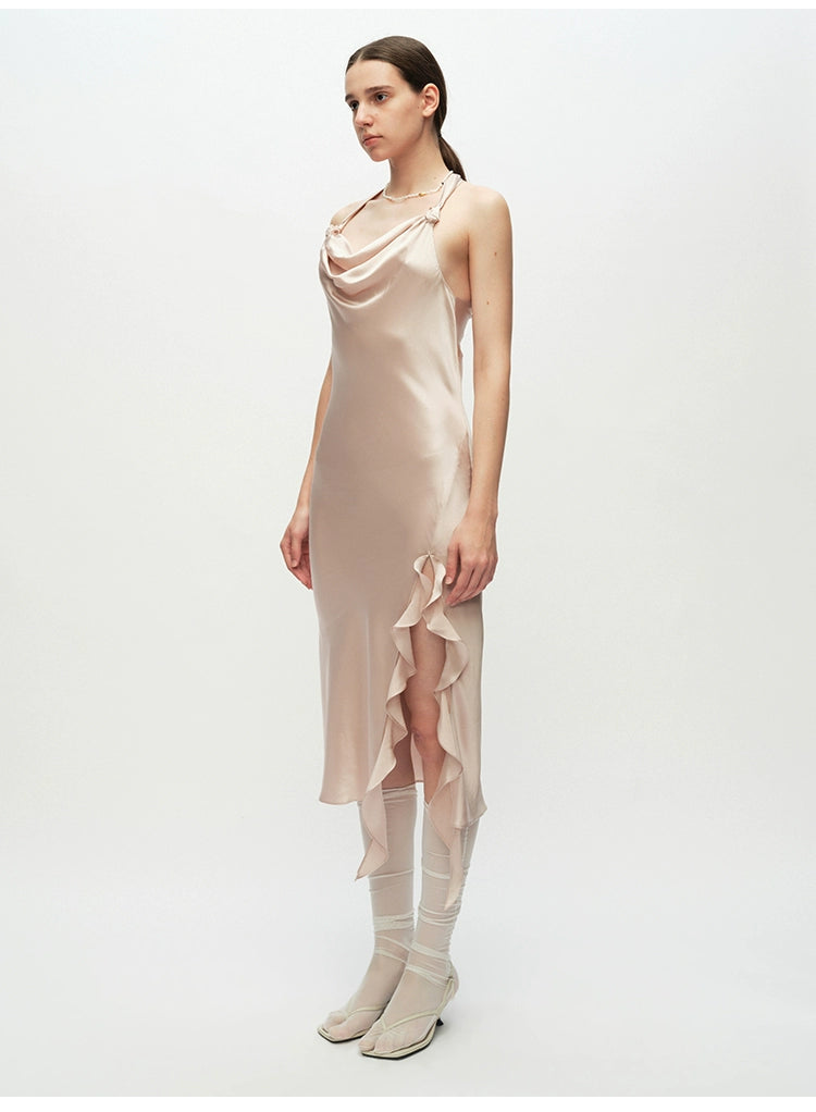 Pink Ruffled Slit Midi Dress
