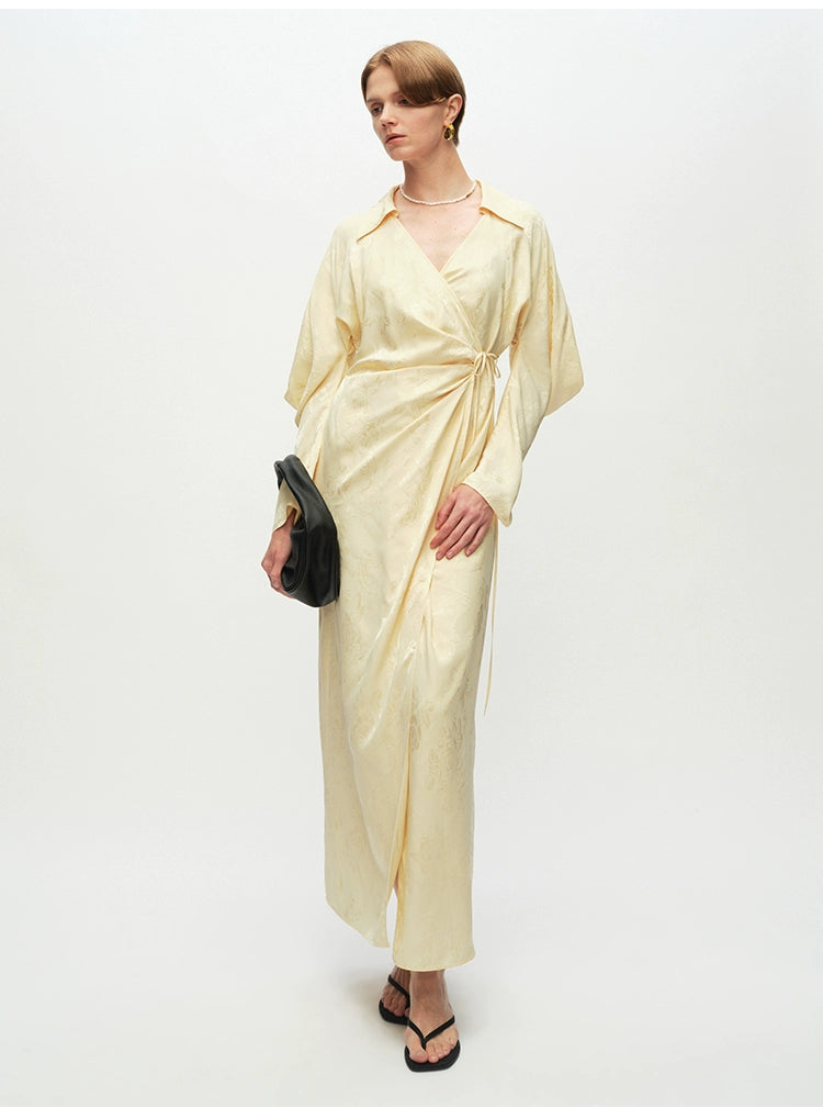 Yellow V Neck Long sleeve Wrap Dress