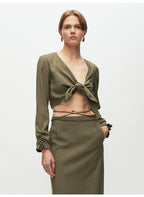 Army Green Tied Knot Long-sleeved Top