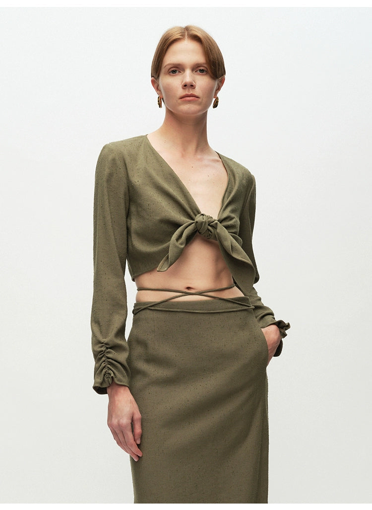 Army Green Tied Knot Long-sleeved Top