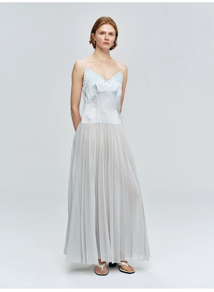 Sky Blue Pleated V Neck Maxi Dress