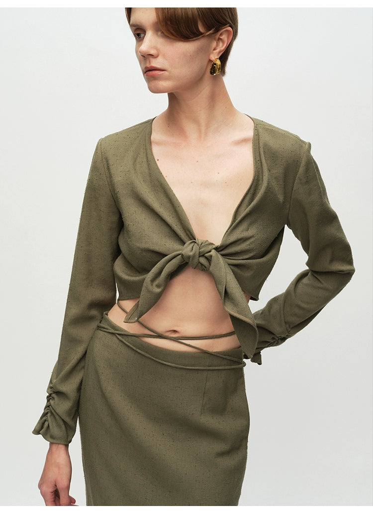 Army Green Tied Knot Long-sleeved Top