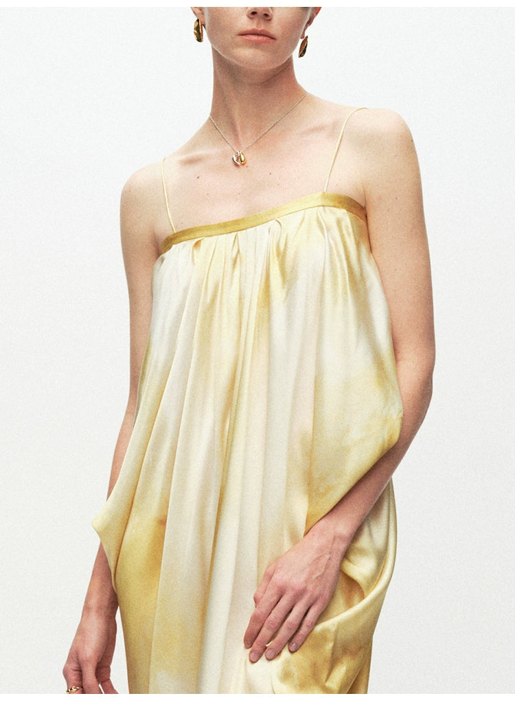 Yellow Printing Drape Suspender Dress