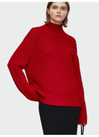 Red Plaid Woven Semi-turtleneck Pullover