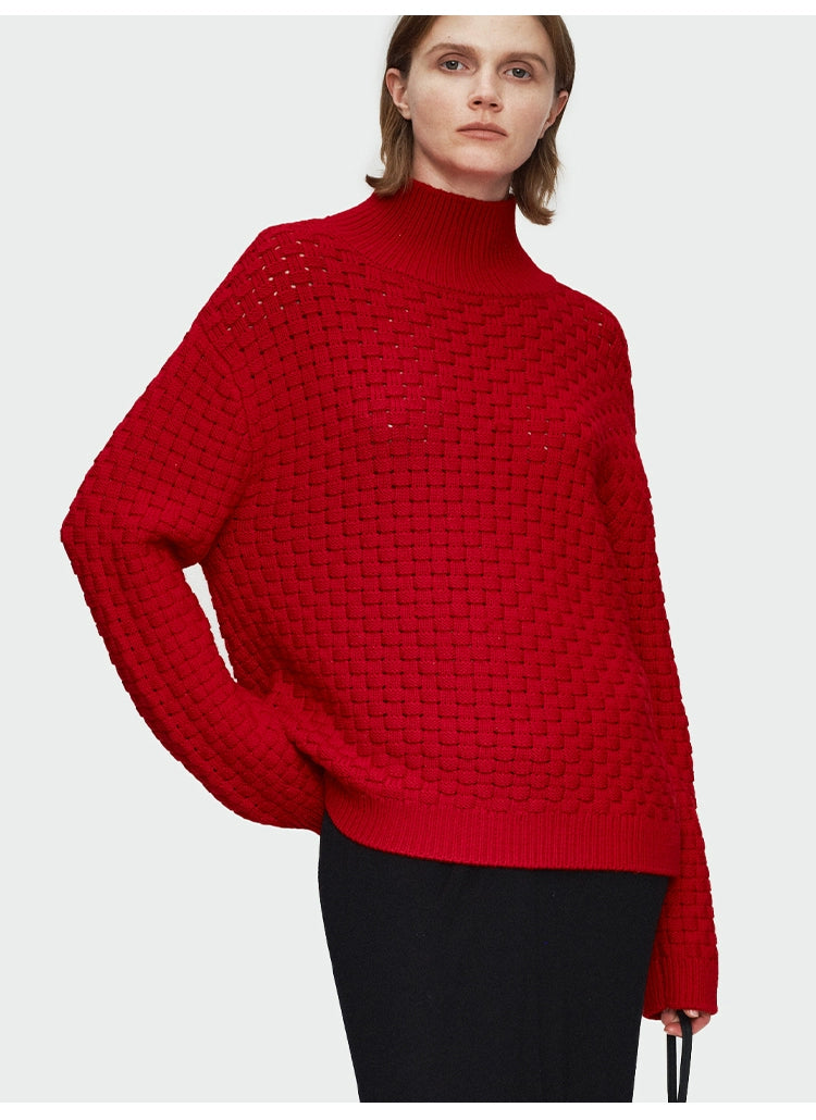 Red Plaid Woven Semi-turtleneck Pullover